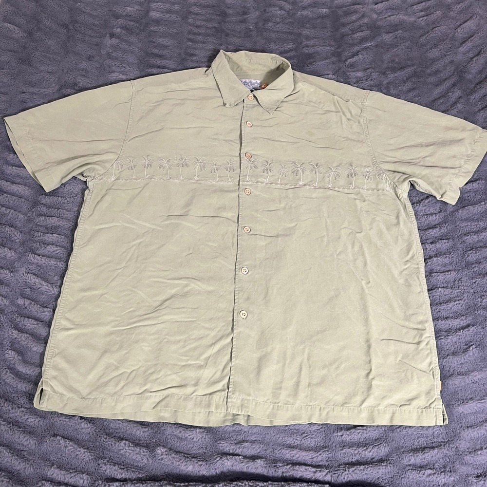 Quiksilver Edition Mens XL Sage Green Palm Tree Embroidered Button Up Shirt